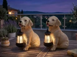 2er Set LED Solarleuchten Hundelampe Welpe mit Laterne in Beige-Weiß, Höhe 26cm
