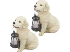 2er Set LED Solarleuchten Hundelampe Welpe mit Laterne in Beige-Weiß, Höhe 26cm
