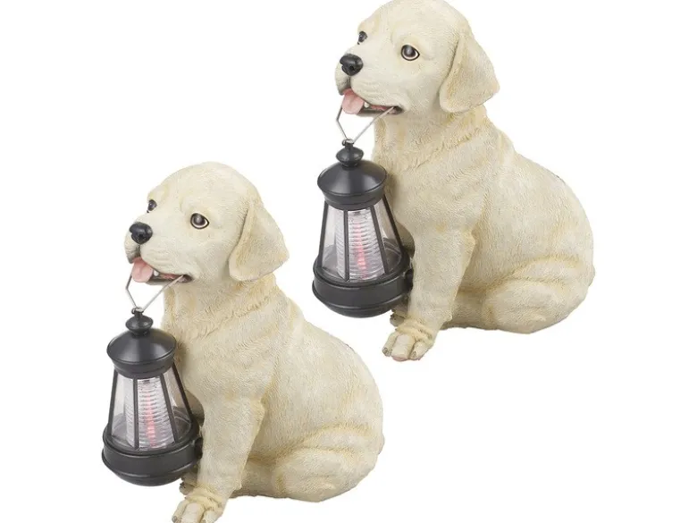 2er Set LED Solarleuchten Hundelampe Welpe mit Laterne in Beige-Weiß, Höhe 26cm