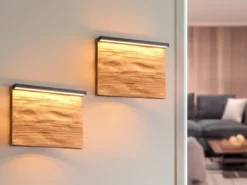 2er Set LED Wandleuchten aus Naturholz flach & dimmbar, Breite 20cm