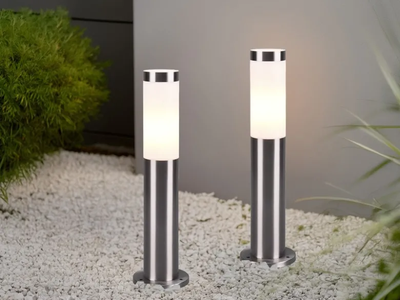 2er Set moderne LED Sockelleuchten aus Edelstahl in Silber, Höhe 45cm