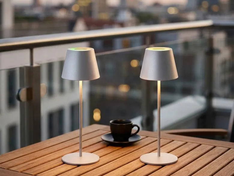 2er SET Outdoor Akku Tischlampen Silber ohne Kabel mit RGB, Höhe 38cm