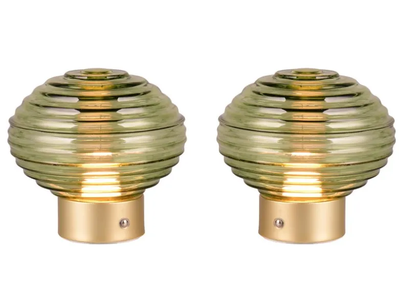 2er SET Retro Akku Tischleuchten mit Glas Lampenschirm Grün, Höhe 14cm
