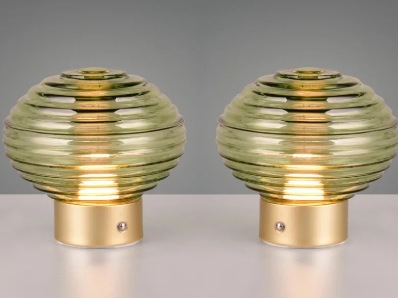 2er SET Retro Akku Tischleuchten mit Glas Lampenschirm Grün, Höhe 14cm