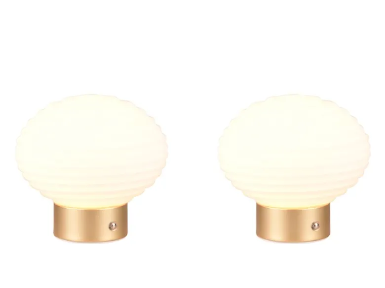 2er SET Retro Akku Tischleuchten mit Glas Lampenschirm Weiß, Höhe 14cm