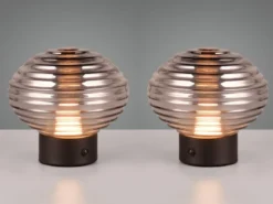 2er SET Retro Akku Tischleuchten mit Rauchglas Lampenschirm, Höhe 14cm