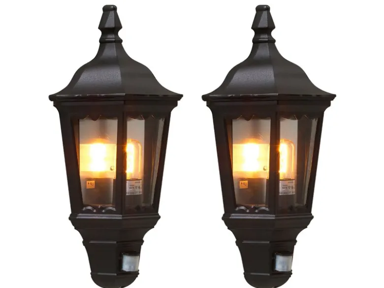 2er-Set schwarze Wandleuchten Halbschale Bewegungsmelder FIRENZE, E27, Aluminium