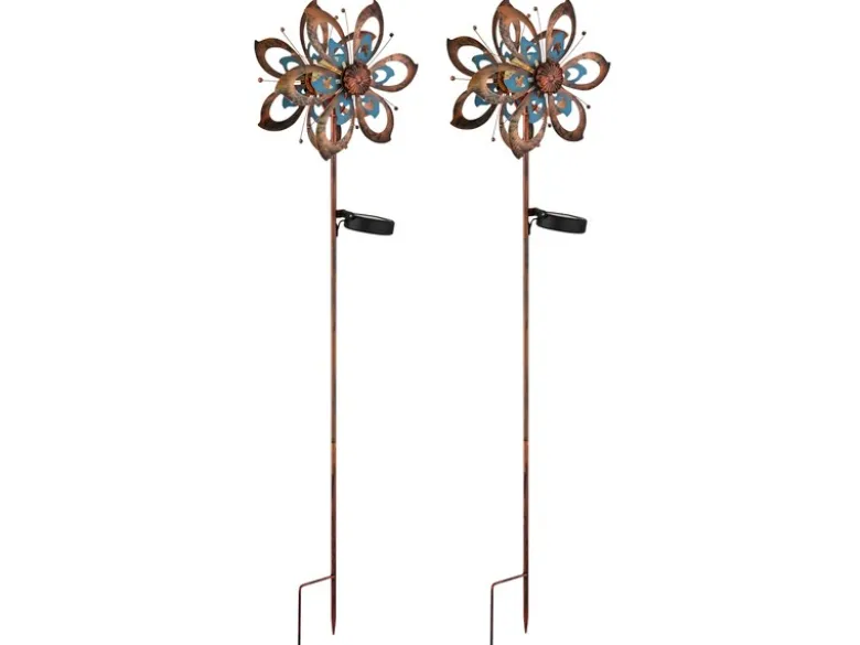 2er Set Solar Gartenstecker Windrad mit Erdspieß in Kupfer & Blau, Höhe 92cm