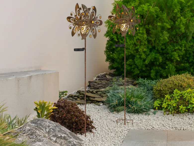 2er Set Solar Gartenstecker Windspiel mit Erdspieß Metall Rostoptik, Höhe 124cm