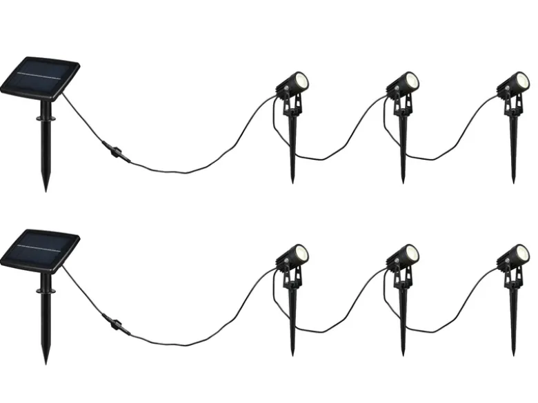 2er Set Solar Gartenstrahler auch per USB aufladbar mit je 3 Spots, L: 6,2 Meter