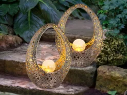 2er Set Solarleuchten mit Crackelglas, Dekorstanzungen Bronzefarben, Höhe 27,5cm