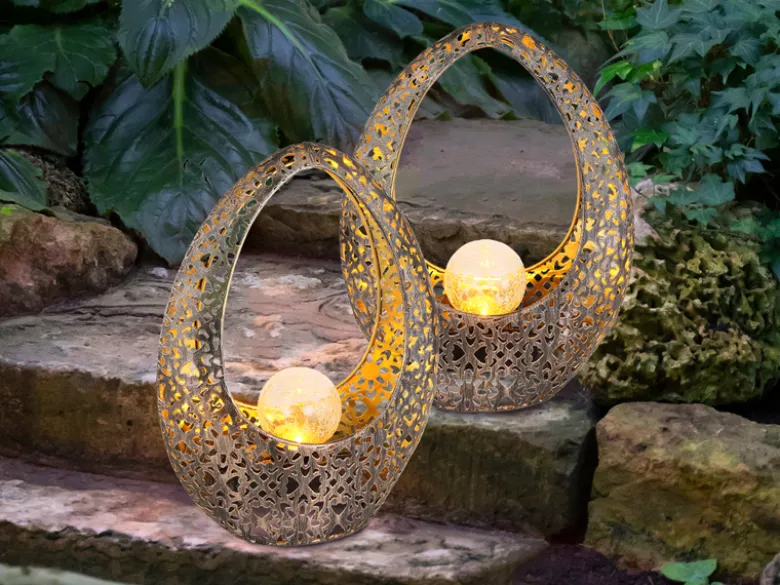 2er Set Solarleuchten mit Crackelglas, Dekorstanzungen Bronzefarben, Höhe 27,5cm