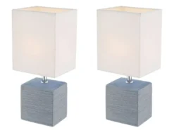 2er Set Tischleuchten GERI Fuß Keramik Grau mit Stoffschirm Weiß, Höhe 29cm
