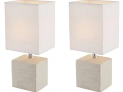 2er Set Tischleuchten GERI Fuß Keramik Beige & Stoffschirm Weiß, Höhe 29cm