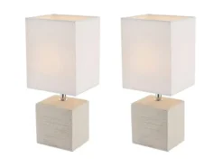 2er Set Tischleuchten GERI Fuß Keramik Beige & Stoffschirm Weiß, Höhe 29cm