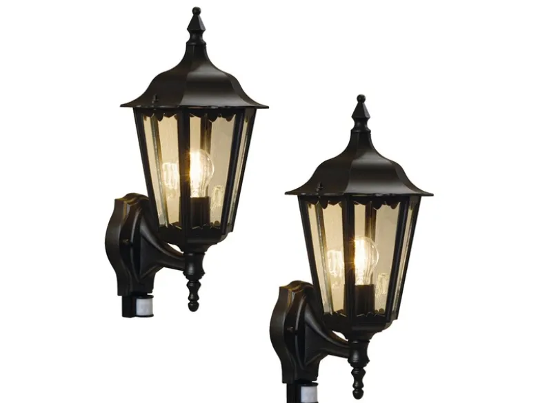 2er-Set Wandleuchten FIRENZE Bewegungsmelder, E27, Aluminium schwarz, Höhe 48 cm