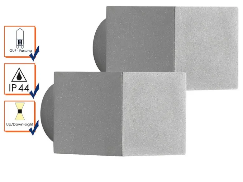 2er-Set Wandleuchten SQUARE grau, Up-/Down-Light, GU9, Höhe 9 cm, IP44