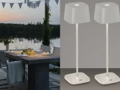 2er Set Wiederaufladbare LED Outdoor Tischleuchten dimmbar in Weiß, Höhe 36cm