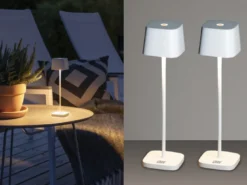 2er Set Wiederaufladbare LED Outdoor Tischleuchten dimmbar in Weiß, Höhe 25cm