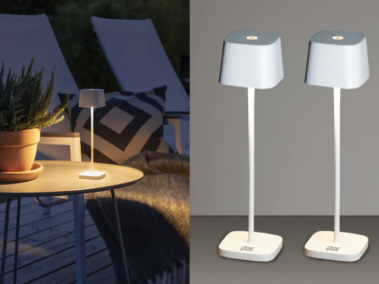 2er Set Wiederaufladbare LED Outdoor Tischleuchten dimmbar in Weiß, Höhe 25cm