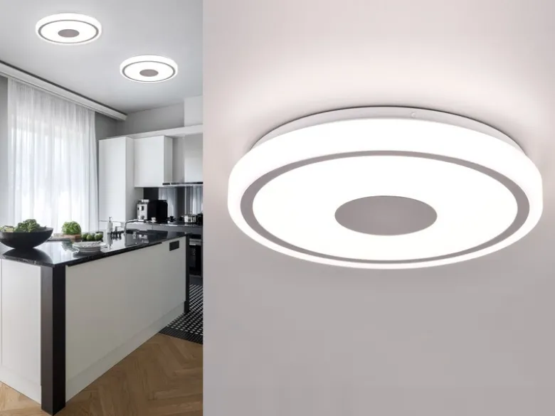 Flache LED Deckenleuchte BUNDA Weiß-Chrom, Neutralweiß, Ø 33cm