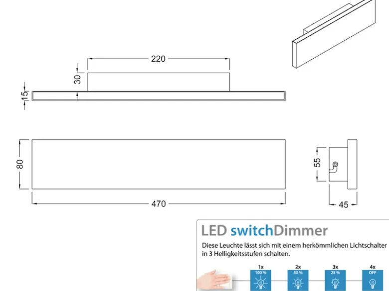 Flache LED Wandleuchte CONCHA Up and Down Weiß - 3 Stufen Dimmer, Breite 47cm