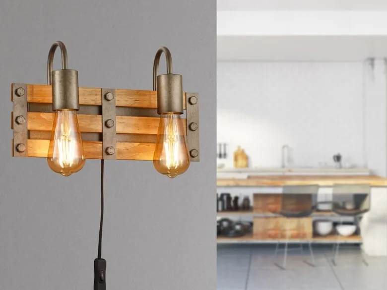 2-flammige Holzbrett Wandlampe KHAN mit Vintage Industriedesign, Breite 35cm