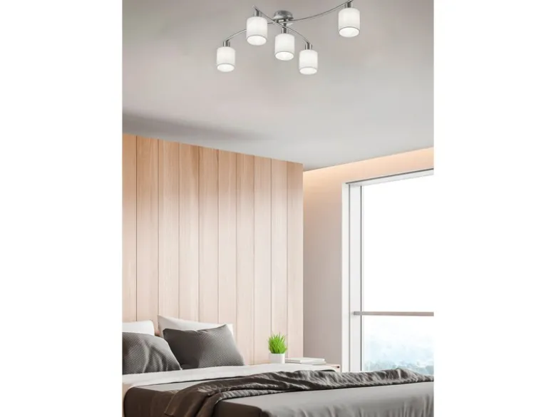 5 flammige LED Deckenleuchte mit Stoffschirmen Weiß - Arm schwenkbar, B: 80cm