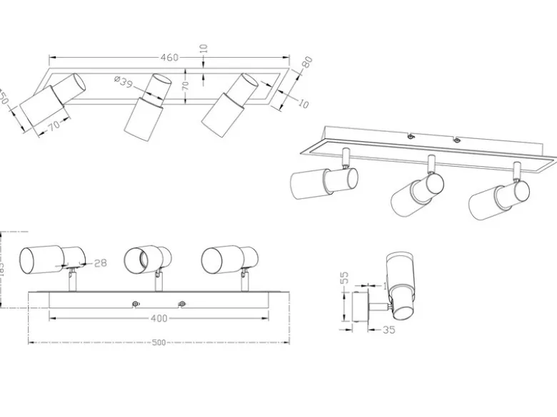 3-flammiger LED Deckenstrahler CLAPTON mit Glasschirmen, Breite 50cm
