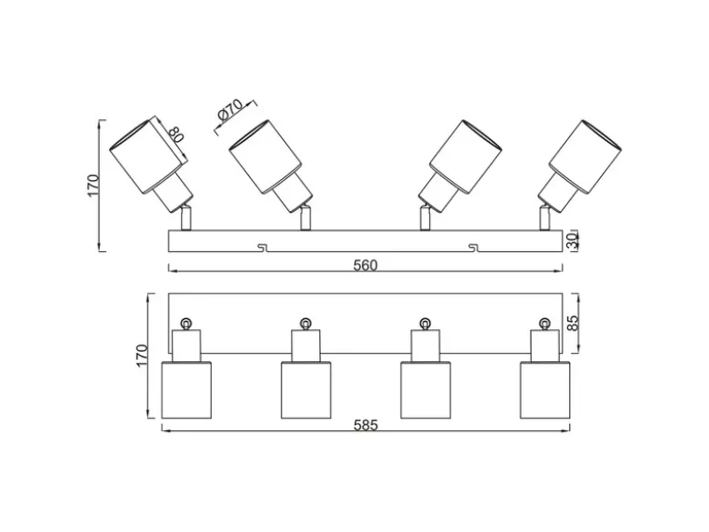 4-flammiger LED Deckenstrahler mit Glasschirmen Amberfarbig, Breite 58cm