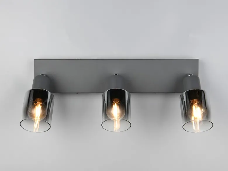 3-flammiger LED Deckenstrahler mit Chrom Glasschirmen, Breite 42cm