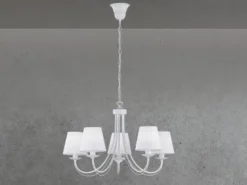 5 flammiger LED Kronleuchter mit Stoffschirmen in Weiß matt, Ø 70cm