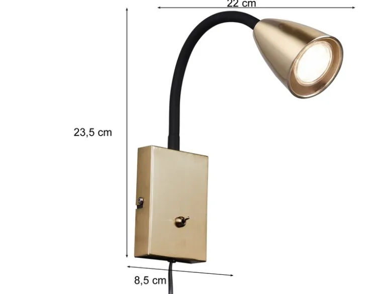 Flexible LED Leselampe, Wandleuchte mit Schalter & Stecker, Messing Höhe 23,5cm
