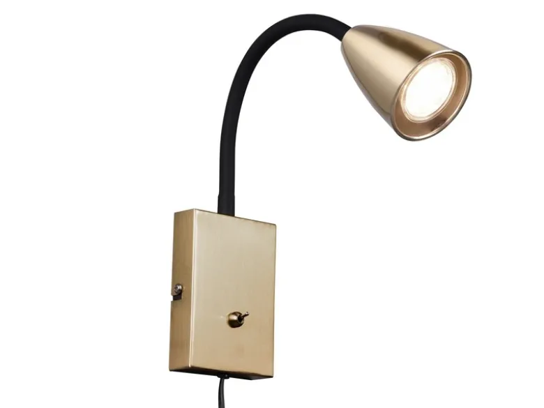 Flexible LED Leselampe, Wandleuchte mit Schalter & Stecker, Messing Höhe 23,5cm