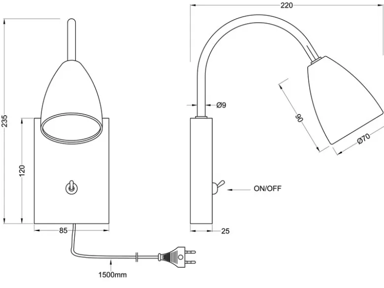 Flexible LED Leselampe, Wandleuchte mit Schalter & Stecker, Schwarz Höhe 23,5cm