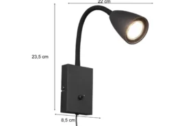 Flexible LED Leselampe, Wandleuchte mit Schalter & Stecker, Schwarz Höhe 23,5cm