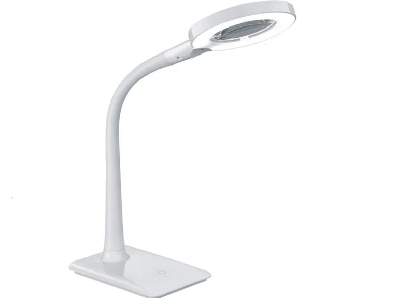 Flexible LED Schreibtischlampe LUPO weiß mit Lupe, 3-fach Dimmer
