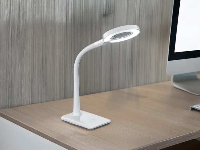 Flexible LED Schreibtischlampe LUPO weiß mit Lupe, 3-fach Dimmer