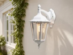 Große Außenwandleuchte Laterne hängend aus Aluminium Weiß, Höhe 45cm