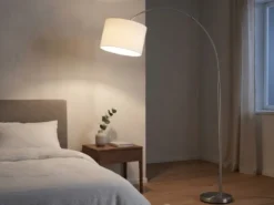 Große Bogenlampe höhenverstellbar von 150-215cm, Stoffschirm Weiß mit E27 LED
