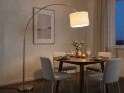 Große Bogenlampe HOTEL E27 Stoffschirm Weiß, höhenverstellbar von 150-215cm