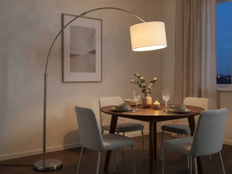 Große Bogenlampe HOTEL E27 Stoffschirm Weiß, höhenverstellbar von 150-215cm