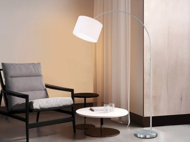 Große Bogenlampe HOTEL E27 Stoffschirm Weiß, höhenverstellbar von 150-215cm
