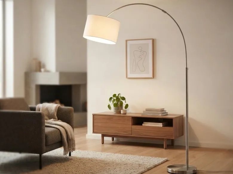 Große Bogenlampe HOTEL E27 Stoffschirm Weiß, höhenverstellbar von 150-215cm