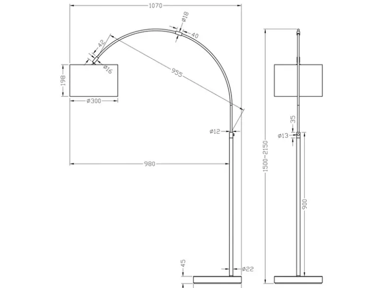 Große Bogenlampe HOTEL E27 Stoffschirm Weiß, höhenverstellbar von 150-215cm