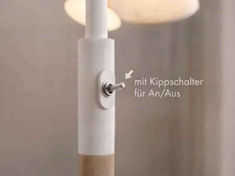 Große Bogenlampe LUVA mit Holzfuß & Stoffschirmen aus Leinen, Höhe 200cm