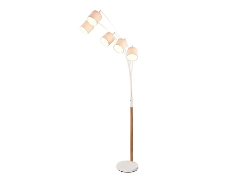 Große Bogenlampe LUVA mit Holzfuß & Stoffschirmen aus Leinen, Höhe 200cm