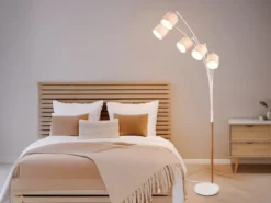 Große Bogenlampe LUVA mit Holzfuß & Stoffschirmen aus Leinen, Höhe 200cm