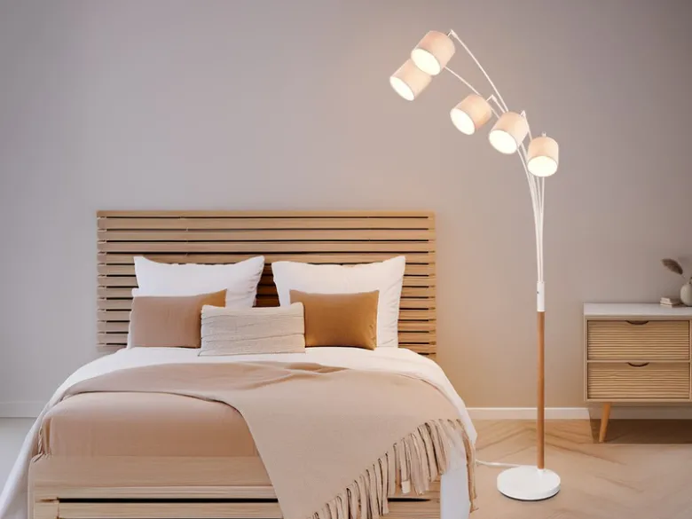 Große Bogenlampe LUVA mit Holzfuß & Stoffschirmen aus Leinen, Höhe 200cm