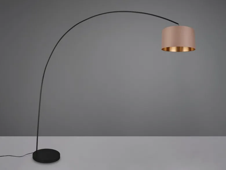 Große Bogenlampe MANSUR Metall Schwarz mit Stoff Lampenschirm Taupe, Höhe 210cm